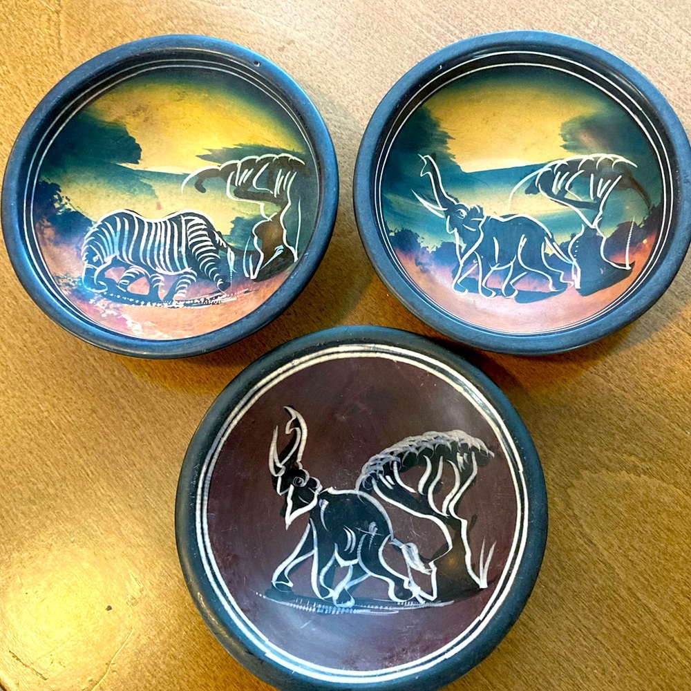 (3) Etched & Hand-Painted African Safari Soapstone Bowls
